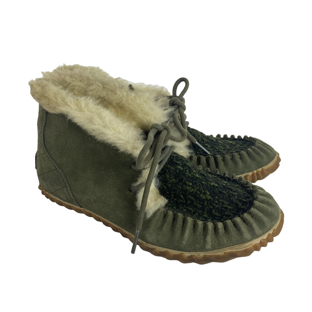 Sorel Out N About Moccasin Slippers Sz 6 Green Suede Leather Faux Fur Lined READ